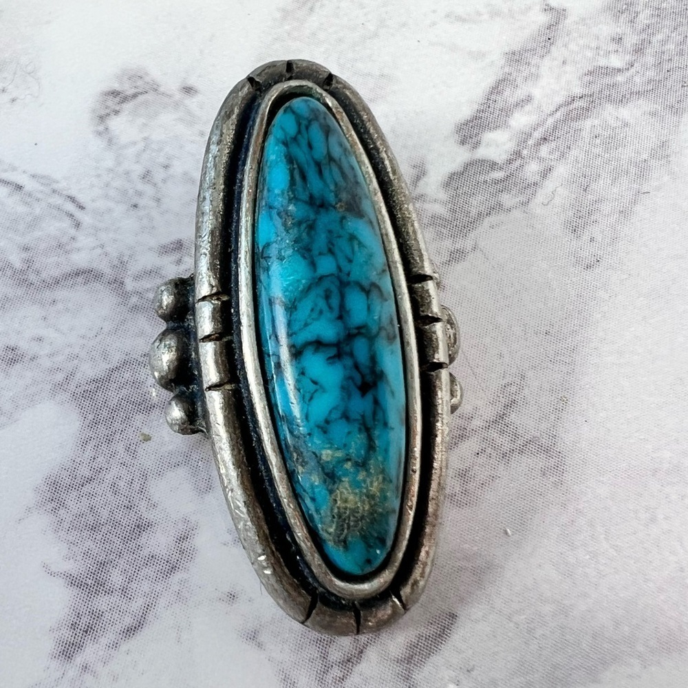 Vintage Sterling Silver Turquoise Ring Broken Repurposing Piece - Picture 2 of 5